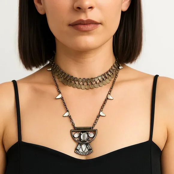 VENUS Gold Moroccan Coin Simulated Gemstone Necklace Costume Gift Indie Gypsy - Picture 1 of 6